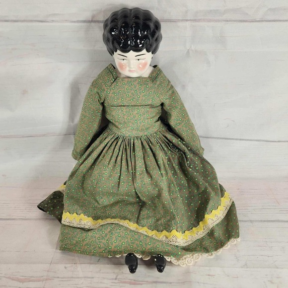 Antique German Doll P.E. Mark Vintage Porcelain Doll Green Floral Dress